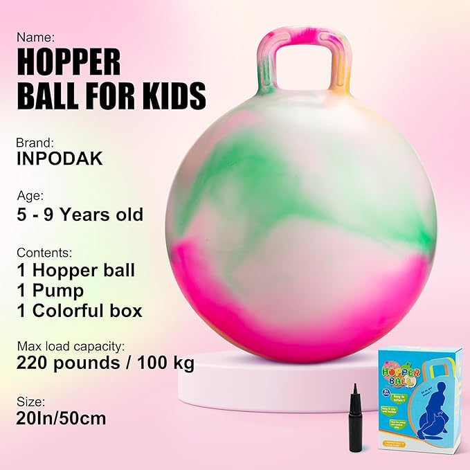 INPODAK Hopper Ball 20 Inch Bouncy Ball with Handle for Kids, Hippity Hop Jumping Bounce Hopping Toy for Boys Girls Ages 5-9 with Pump and Gift Box Great Gift for Birthday Holiday (Pink)