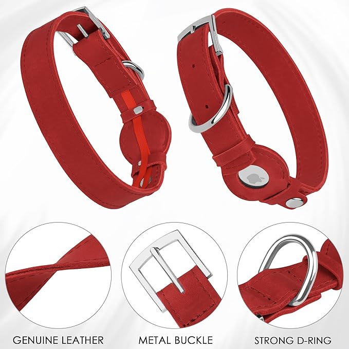 Leather Dog Collar with Airtag Holder - Apple AirTag Dog Collars - Soft Tracking Smart GPS Pet Collar for Small Medium Large Dogs Puppy (Red, XL, 19"-24" Neck Fit)