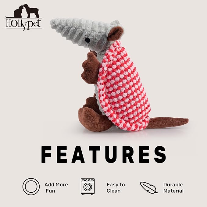 Hollypet Plush Dog Squeaky Toy Stuffed Armadillo Animal Pet Puppy Chew Toys with Clean Teeth for Small Medium Large All Breed Sizes Dogs, Light Pink and Bright Pink,8 in