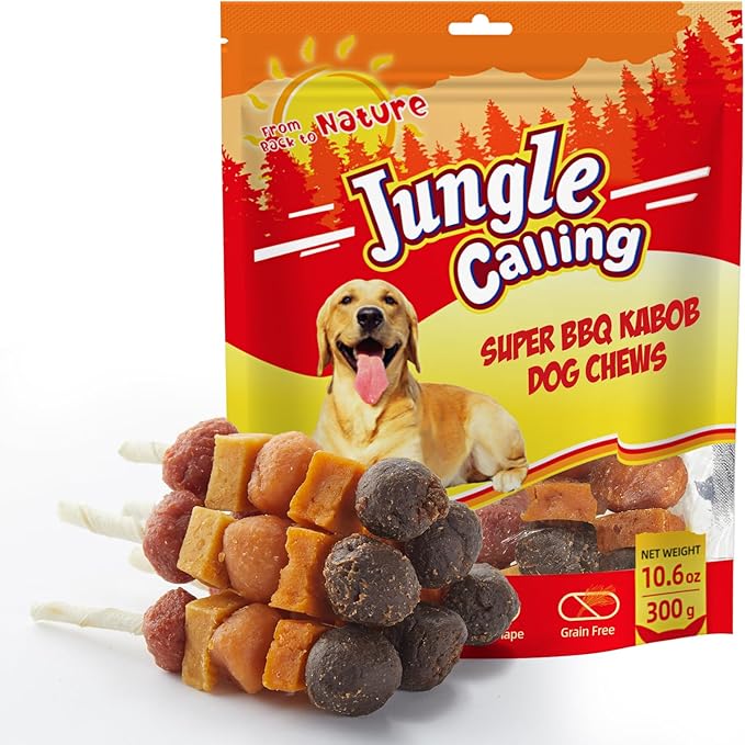 Jungle Calling Dog Treats, Multi-Flavor Kabob Dog Snacks, Edible Dog Kabobs, Made with Chicken, Duck, Beef, Sweet Potato and Pumpkin, Rawhide Sticks for Dogs