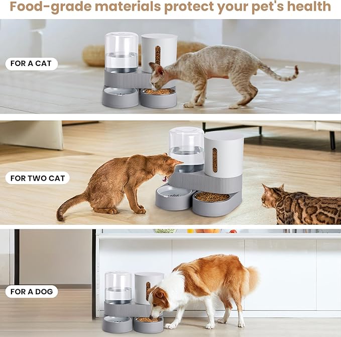 Automatic Dog Cat Water Dispenser Gravity Feeder and Water Dispenser Stainless Steel 2-in-1 Set Large Capacity Dispenser for Pets Dogs, Puppies, Kittens（Grey）