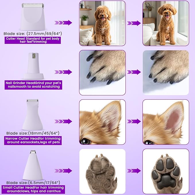 Dog Clipper 4-in-1 Grooming Kit – Includes Comb, Paw Trimmer, Nail Grinder, Rechargeable & Wireless Design, Low Noise, IPX7 Waterproof, Pet-Friendly Clipper (Purple)