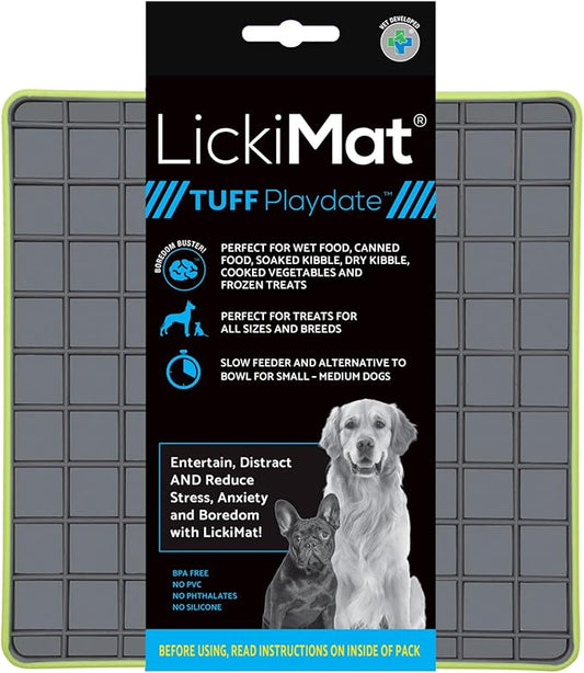 LickiMat Tuff, Heavy-Duty Playdate, Dog Slow Feeder Lick Mat, Boredom Anxiety Reducer; Perfect for Food, Treats, Yogurt, or Peanut Butter, Fun Alternative to a Slow Feed Dog Bowl, Green