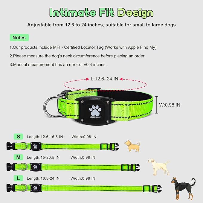 GPS Dog Collar Tracker 2-in-1,Reflective Waterproof Adjustable Pet Collar,iOS-Only,Ideal for Dog Tracking pet Tracker,for Small to Large Dogs,Real-Time Tracking,No Monthly Fees(Green,Large)