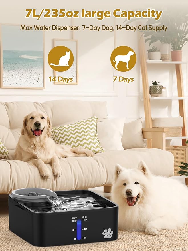 Kastty 2 Gallon Dog Water Fountain Ultra Large/Wide Pet Fountain BPA-Free Premium Dog Water Bowl Dispenser with 5 Filtration Safe Pump& LED Shortage Reminder, Large Dogs Cats& Multi-Pet Home