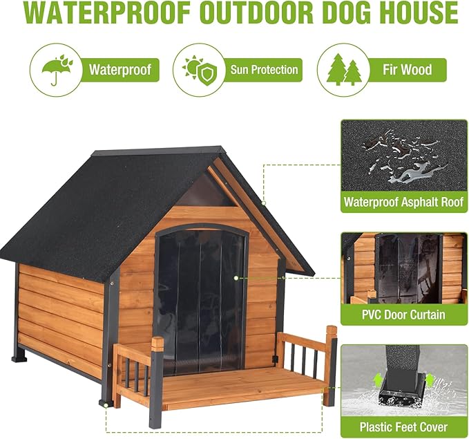 GUTINNEEN Dog House Outdoor Weatherproof Dog Kennel with All-Around Iron Frame, Anti-Bite Puppy Home with Porch, Dog Shelter for Large Breed (Brown, 50.9'' Large)