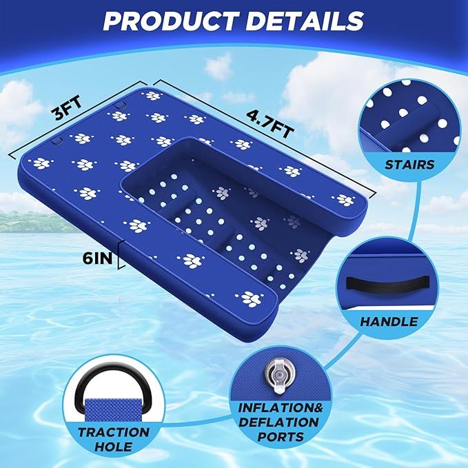 Inflatable Dock Platform with Electric Pump, Dog Boat Ramp Floating Non-Slip Oxford and PVC with Water Ramp for Dogs Pool, Dock, Lake with Traction Rope Blue (4.7ft x 3ft x 6in)