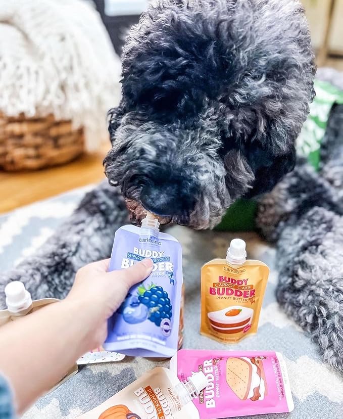 BUDDY BUDDER Bark Bistro Dog Lick Mat Set with Superberry Peanut Butter, Purple Enrichment Mat with Spatula, 4 oz Squeeze Pack