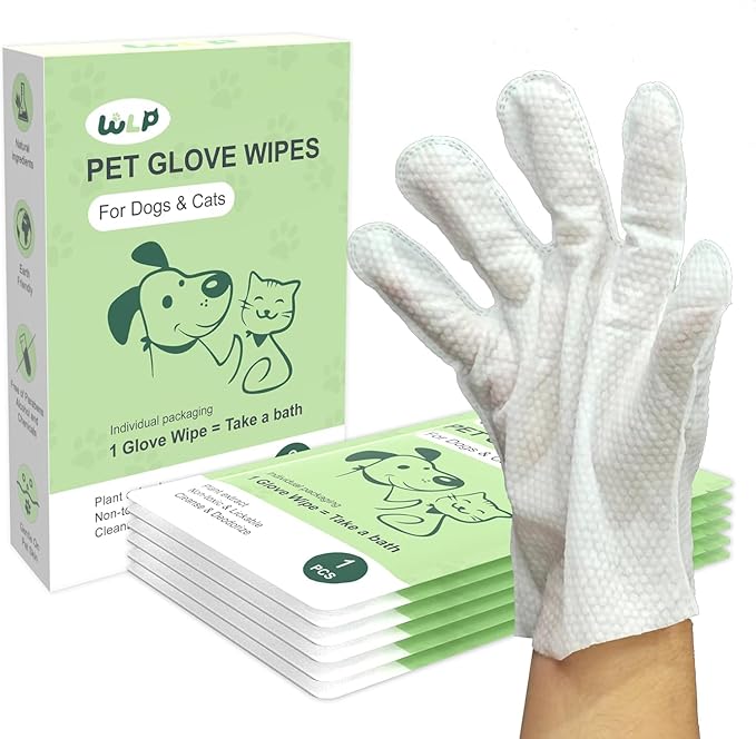 WLP Cleaning & Deodorizing Glove Bath Wipes for Dogs and Cats, Hypoallergenic Nourish Fur Aloe Extract Jojoba Oil Pet Grooming Wipes for Daily and Travel (6 PCS)