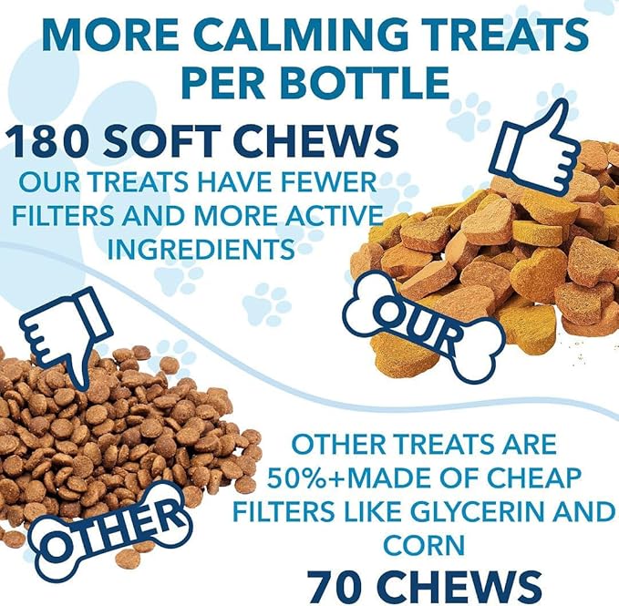 Hemp Calming Chews for Dogs with Anxiety and Stress - 180 Soft Dog Calming Treats - Dog Anxiety Relief - Storms, Fireworks, Thunder, Barking, Separation Aid - Valerian Root - L-Tryptophan - Hemp Oil