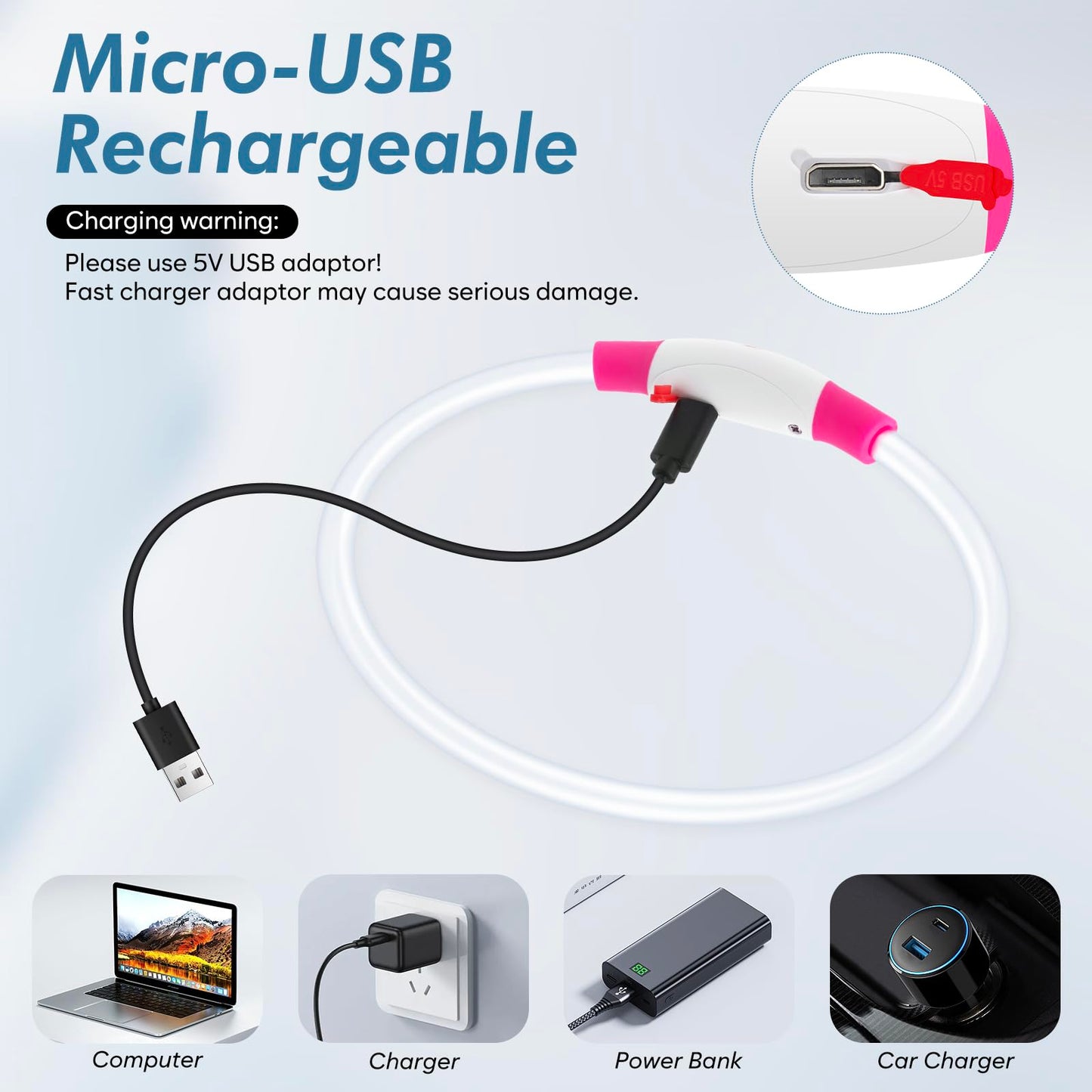 BSEEN Light Up Dog Collar, Rechargeable LED Dog Collar Waterproof Glowing Pet Collar TPU Cuttable Lighted Puppy Collar Safety Dog Lights for Night Walking (Pink 70cm)