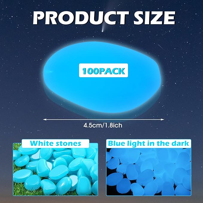 100 Pcs Glow in The Dark Rocks Glow in The Dark Pebbles Outdoor Fish Tank Rocks Aquarium Gravel Luminous Stones for Walkway Succulent Plant Halloween Decor(1.8 Inch,Light Blue)