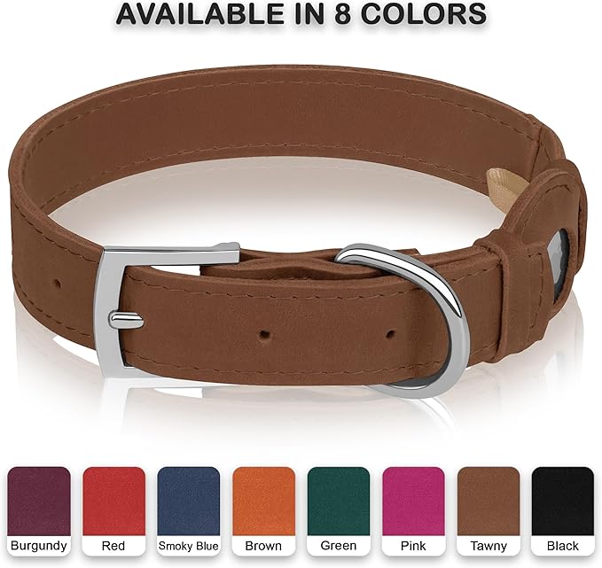Leather Dog Collar with Airtag Holder - Apple AirTag Dog Collars - Soft Tracking Smart GPS Pet Collar for Small Medium Large Dogs Puppy (Tawny, M, 12"-15" Neck Fit)
