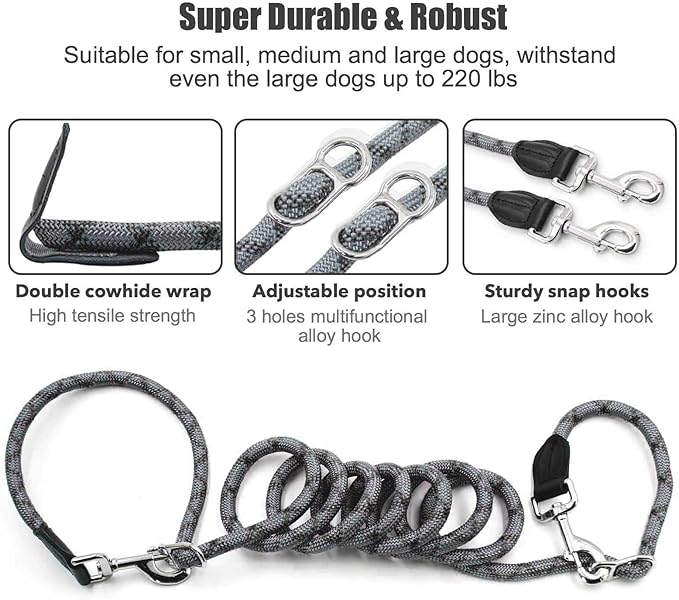 Hands Free Dog Leash(8.5ft), 8 in 1 Multifunction Nylon Double Leash for Dogs,1.2cm Adjustable Waist with Reflective Stitching for Training -Grey