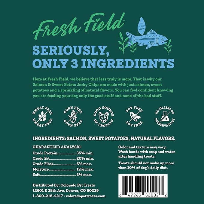 Fresh Field Salmon & Sweet Potato Jerky Chips, 5 oz – All-Natural Dog Treats, USA Made, No Fillers, Omega-3 Rich