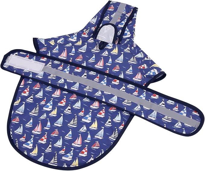 HDE Dog Raincoat Jacket Reflective Adjustable Hooded Pet Poncho Rain Coat with Leash Hole for Small to X-Large Dogs Nautical Boats - XL