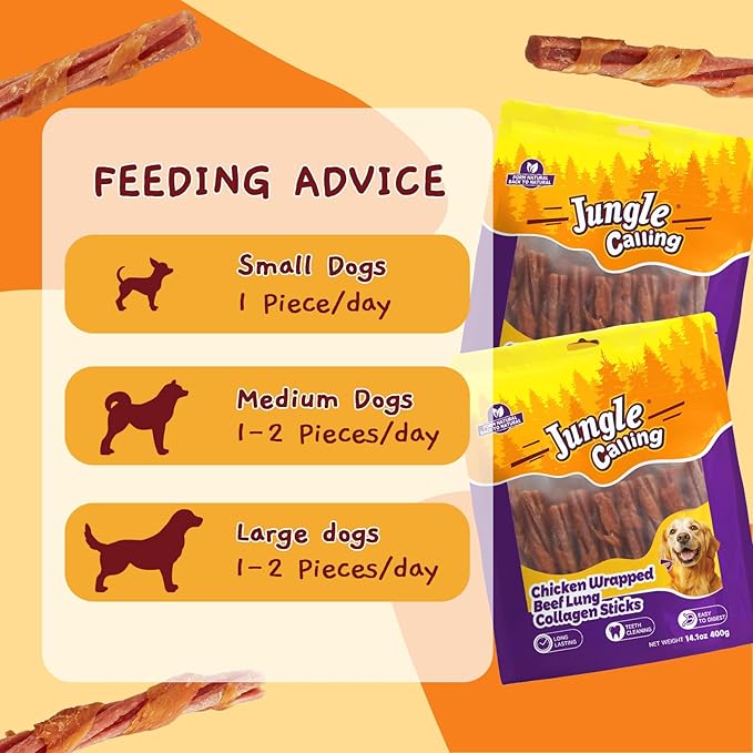 Jungle Calling Chicken Wrapped Beef Lung Collagen Sticks Dog Treats, Long Lasting Bones, Bully Sticks for Small Medium Dogs Moderate Chewers, Chews Easy to Digest Teeth Cleaning,14.1 oz