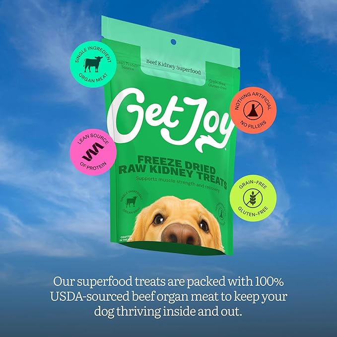 Get Joy Freeze Dried Superfood 100% Beef Kidney Dog Treats, 4 Ounce Bag (Pack of 3), Single Ingredient Organ Meat, High Protein, Immune Health, Muscle Repair, Grain Free, Gluten Free, Made in USA