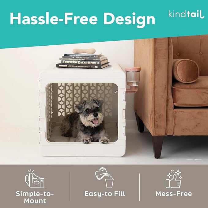 KindTail Pawdle - No-Drip Dog Crate Water Bottle - Top-Fill Pet Water Dispenser - BPA Free with Stainless Steel Nozzle - Easy-to-Use with Most Crates & Playpens - 7 x 6 x 4 in - 16oz Capacity - White