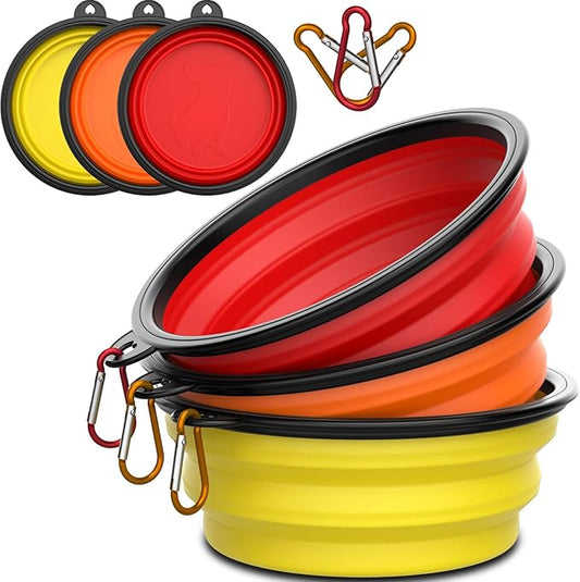3 Pack Collapsible Dog Bowl Travel Portable Pet Bowls [34oz,1000ml],Expandable Foldable Food Water Feeding Dishes for Traveling Hiking Walking,with Carabiners [Red,Orange,Yellow]