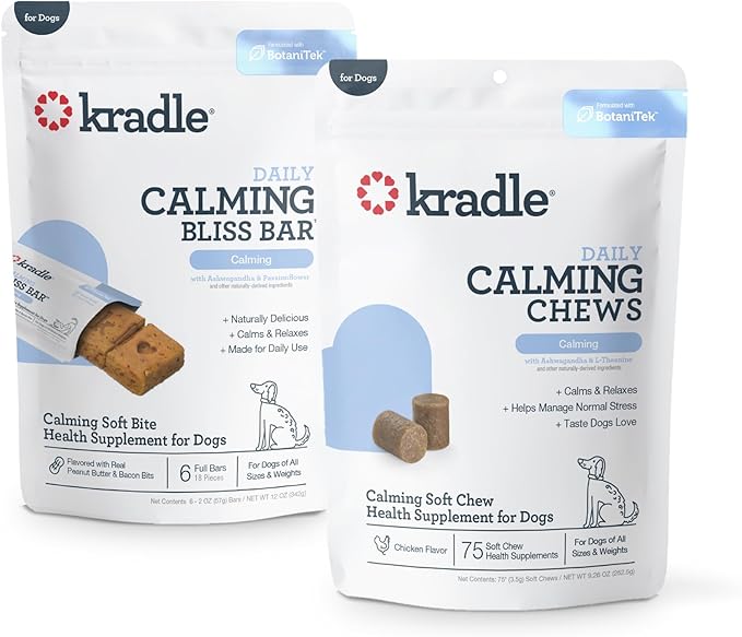 Kradle Calming Bundle for Dogs - Peanut Butter Bliss Bars (6) + Calming Chews (75) - Ashwagandha L-Theanine - Occasional Anxiety Support
