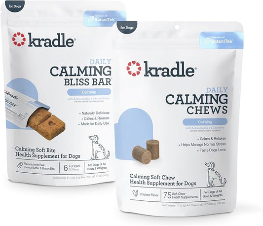 Kradle Calming Bundle for Dogs - Peanut Butter Bliss Bars (6) + Calming Chews (75) - Ashwagandha L-Theanine - Occasional Anxiety Support