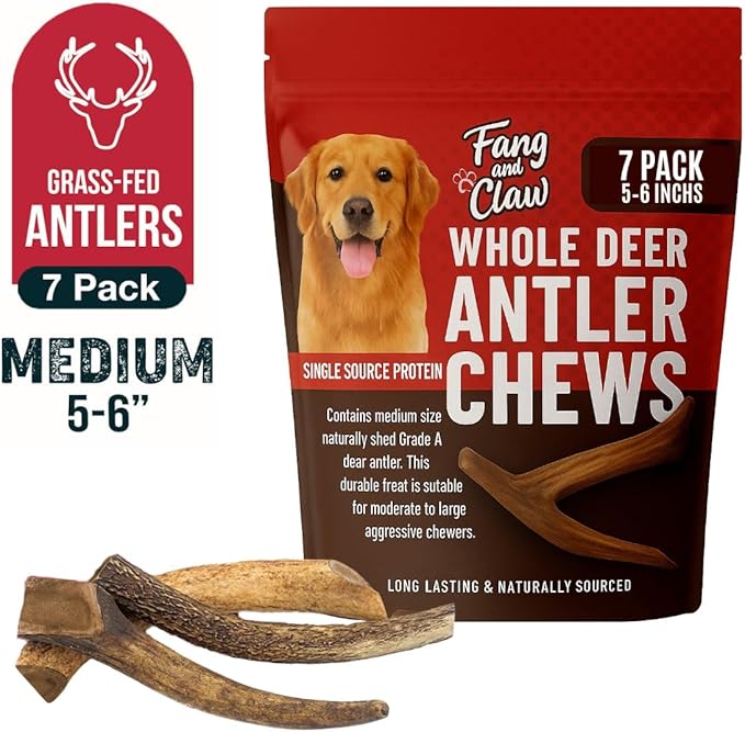 Fang & Claw Grass-Fed Deer Antlers for Dogs – 5-6" Antler Chews, 7-Pack – Long-Lasting Dog Chews for All Dogs & Aggressive Chewers
