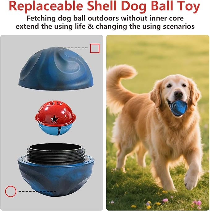 Yipetor Interactive Dog Toys Ball, Unswallowable 3.3'' Durable Replaceable Shell Rubber Dog Chewer Ball with Little Bell for Large Medium Dogs - Keep Them Busy/Relief Anxiety/Mental Stimulate (Blue)