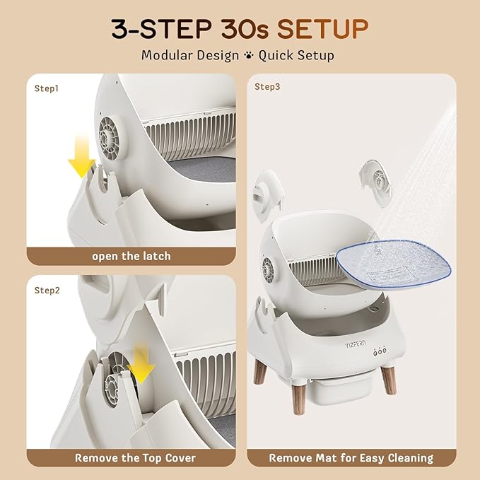 Self Cleaning Litter Box for Multiple Cats, Automatic Cat Litter Box with App Control, Open Top Design, Safety Protection, Ultra-Quiet, Includes Waste Bags, Large Waste Bin, & Brush (Wooden)