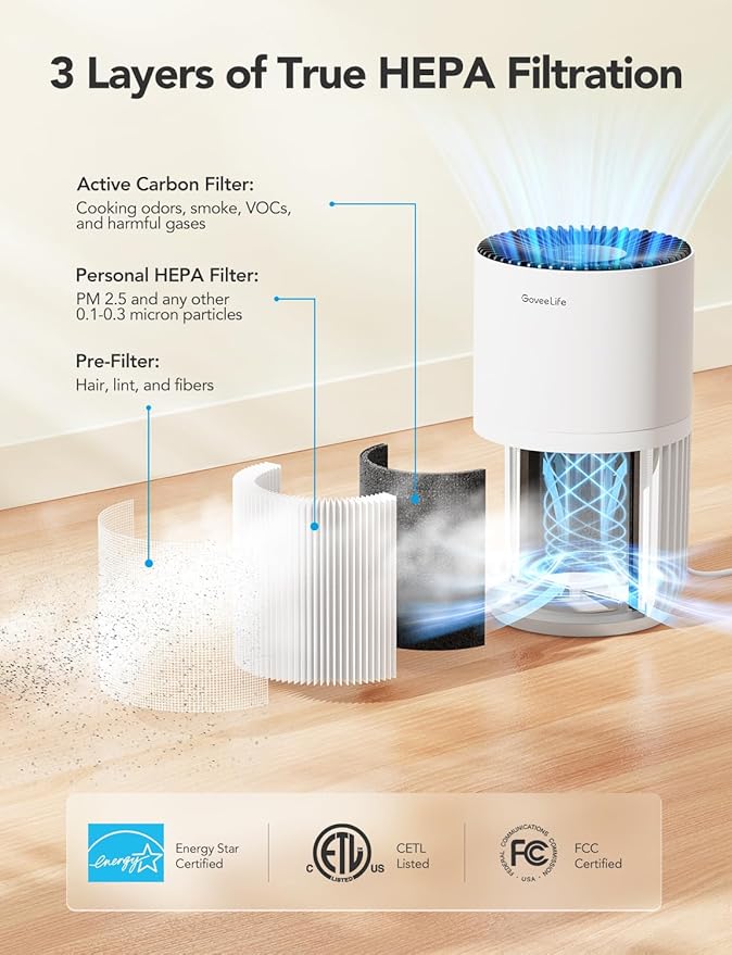 GoveeLife Mini Air Purifier for Bedroom, Smart Filter Air Purifier with App Alexa Control for Pet Hair, Odors, Pollen, Smoke, Portable Air Cleaner with 3 Speeds, 2 Modes, Timer, Aroma for Home