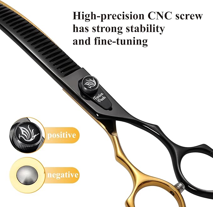 Fenice Peak Black and Golden Professional Curved Chunker Dog Grooming Scissors 7.5'' 440C Stainless Steel Thinner Shear Sharp and Durable with Decorative Screw