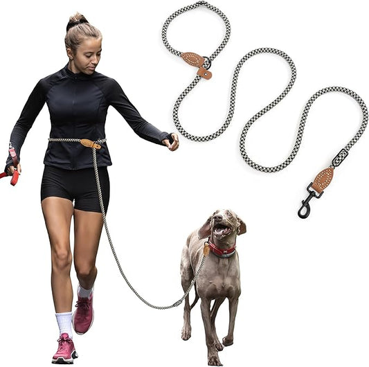 Mile High Life Hands Free Dog Leash, Crossbody Waist Leash with Genuine Leather Connection, Multifunctional Adjustable Slip Lead for Dog Walking Running (Black Khaki, 8FT)