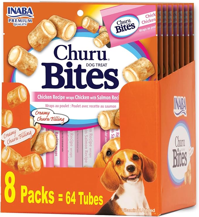 INABA Churu Bites for Dogs, Soft & Chewy Dog Treats, 0.42 Ounces Each Tube, 64 Tubes Total (8 Tubes per Pack), Chicken with Salmon Recipe