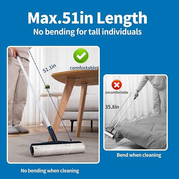 Floor Lint Rollers for Pet Hair Extra Sticky Mop，9.84in with 51.2in Long Handle Large Lint Remover Roller for Carpet Cleaner Cars, Clothing, and Pet Hair Picker from Floors