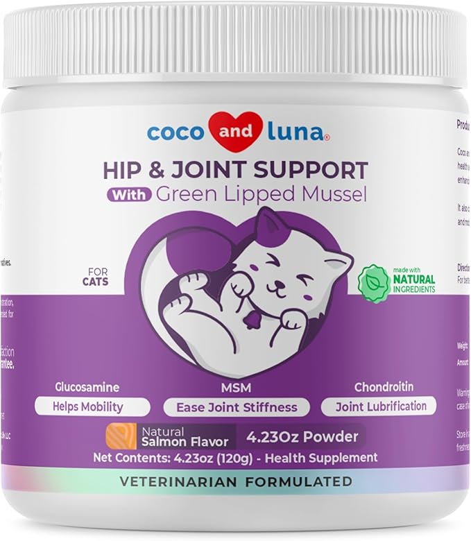 Glucosamine for Cats - 4.23oz/120g Powder - Hip and Joint Supplement for Cats with Green Lipped Mussel, MSM, Chondroitin, and Vitamin E