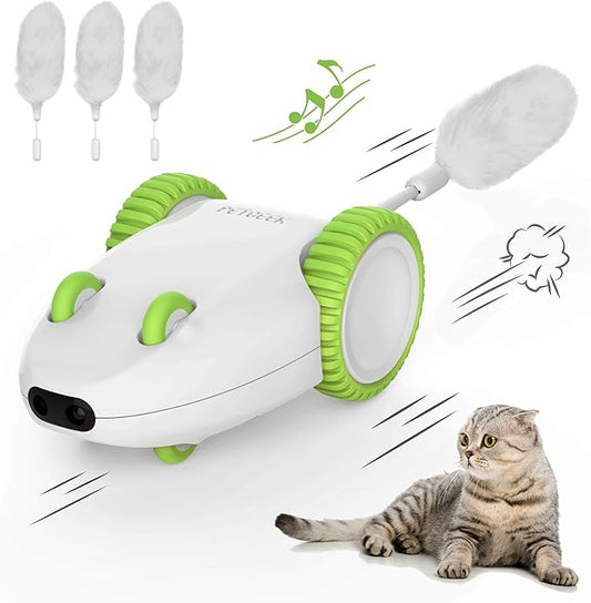 PETGEEK Automatic Cat Mouse Toys Interactive Cat Toys for Indoor Cats, Smart Sensing Moving Electric Cat Toys with Catnip Wand, USB Rechargeable Remote Control Squeaky Mouse Cat Toy, 3 Catnip Tails