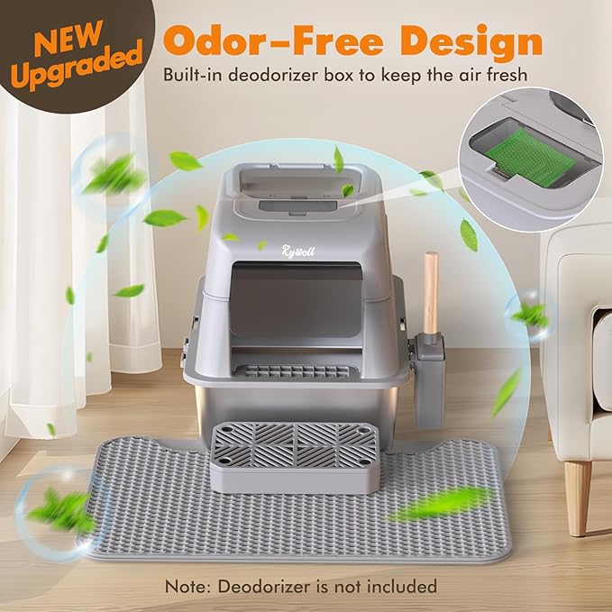 Rywell Stainless Steel Litter Box, 180° Flip-Cover Cat Litter Box, XL Extra Large Metal Litterbox for Big Cats, Includes Litter Scoop & Litter Mat, Anti-Leakage, Non-Stick, Easy Cleaning