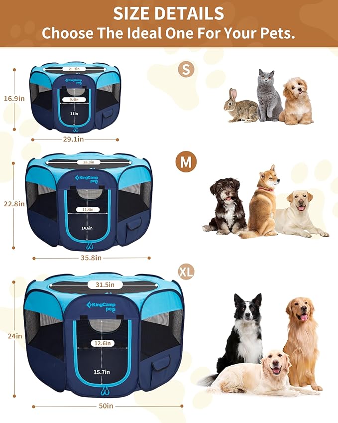 KingCamp Dog Playpen, Portable Foldable Cat Kitten Puppy Tent Crates 29"/36"/50" Pop Up Pet Playpen with Zippered Bottom & Cover for Indoor Outdoor Use (Medium, Blue)