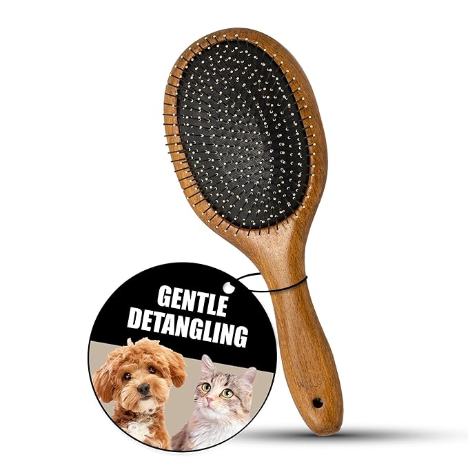 Tauro Pro Line Wooden Dog Brush for Long & Short Hair - Deshedding & Detangling Brown Massage Brush for Dog & Cat Grooming - Oval Flexible Cushion & Lightweight, Ideal for All Coat Types