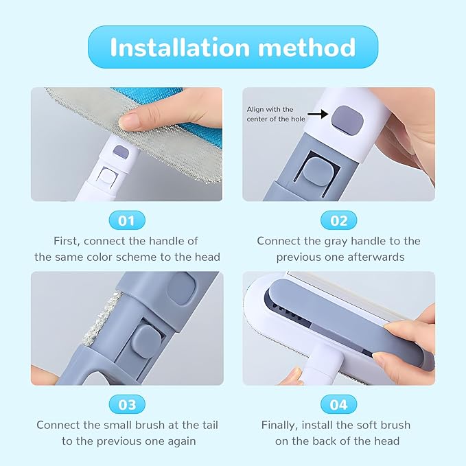 Pet Hair Remover Brush- Pet Hair Removal Glove, 4 in 1- Reusable Hair Remover Brushl with 17inch Long Handle, Electrostatic Gloves Pet hair for Furniture, Couch, Carpet