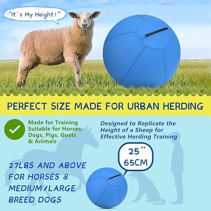 Herding Ball for Dogs and Horses - 25" Jolly Ball for Dogs, Agility Training Equipment, Herding for Australian/German Shepherd, Improved Bite-Resistant, Reinforced Sewing Dog Toys - Blue Large