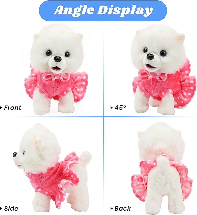 Hopearl Walking Pomeranian Interactive Electronic Pet Dog Toy Remote Control Leash Animated Puppy Nodding Barking Wagging Tail Gifts for Toddlers Birthday, White, 10''