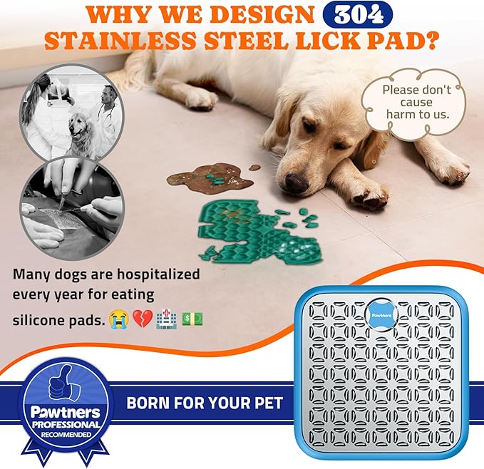 Stainless Steel Large Lick Mat: Dog Lick Mats for Large Dogs, Cat Licking Pads for Crate Boredom & Anxiety Reduce, Slow Feeding, Cat Slow Feeder Mat with a Spatula, Scrubbing Brush, Blue