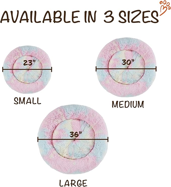 Friends Forever Donut Dog Bed Faux Fur Fluffy Calming Sofa For Small Dogs, Soft & Plush Anti Anxiety Pet Couch For Dogs, Machine Washable Coco Pet Bed with Non-Slip Bottom, 23"x23"x6" Rainbow