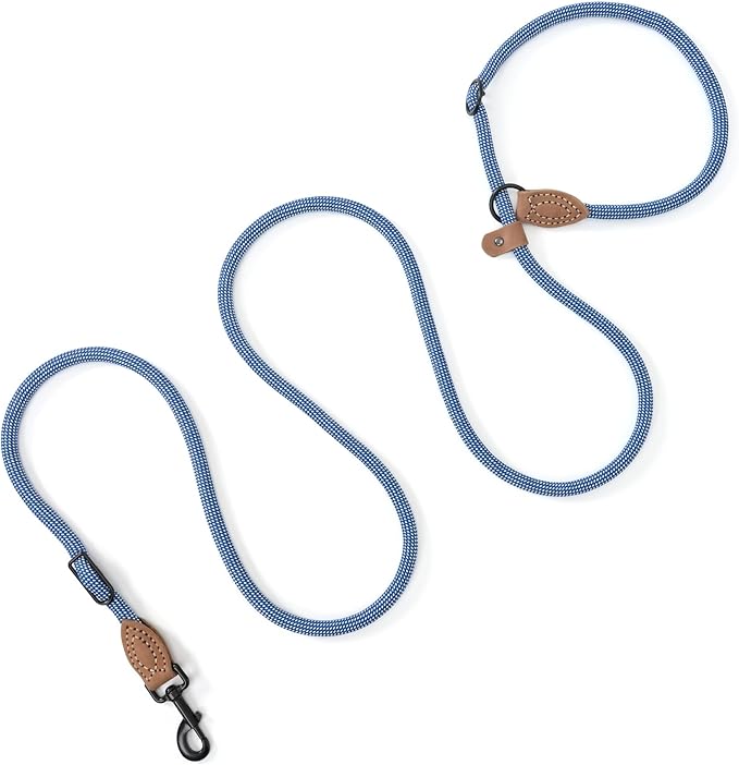 Mile High Life Hands Free Dog Leash, Crossbody Waist Leash with Genuine Leather Connection, Multifunctional Adjustable Slip Lead for Dog Walking Running (Blue White, 7FT)