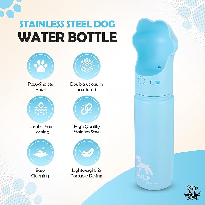 Gulp by Duna 18oz Travel Dog Water Bottle with Paw-Shaped Bowl, Insulated Stainless Steel | Leakproof Portable with Carry Strap for Outdoor Walking, Hiking & Pet Hydration On-The-Go | Blue