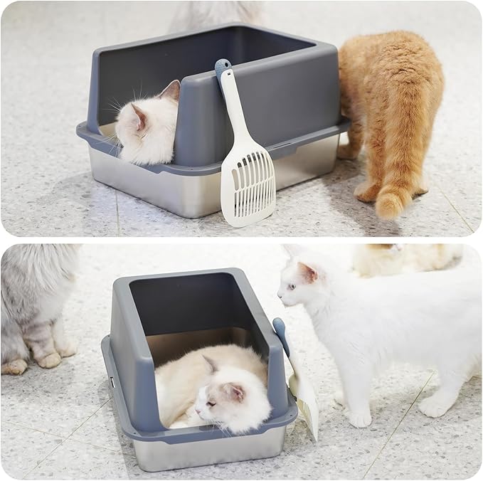 Stainless Steel cat Litter Box, Covered Metal Litter Box, cat Litter Pans with high Sides, Kitty Litter Boxes for Indoor Cats (Non Sticky, Easy to Clean, Anti-Urine Leakage) 17.5" L x 13.5" W x 4" H