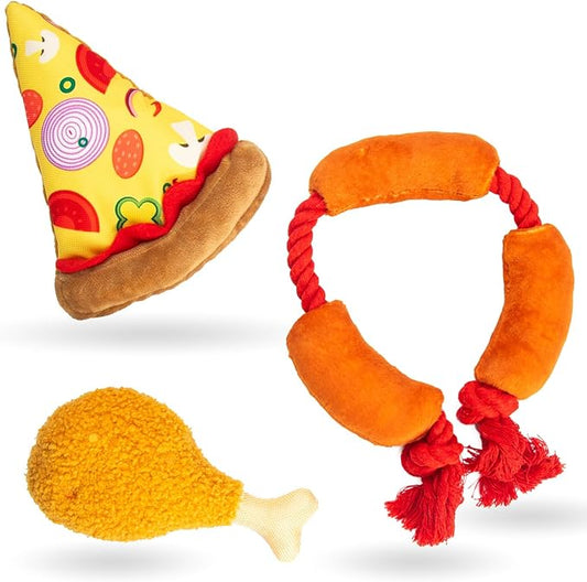 Squeaky Toys for Dogs – Fun Interactive Food-Themed Set，Pizza，Drumstick，and Sausage Rope，Durable Tug Toy and Chew Toy，Ideal for Small & Medium Dogs and Strong Chewer