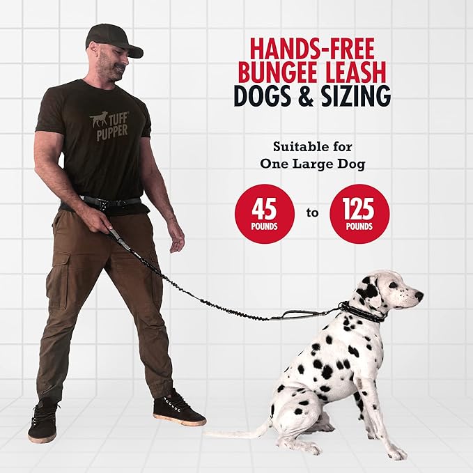 Tuff Pupper Heavy Duty Hands Free Dog Leash | One Large Dog Up to 125 lbs | Comfortable Shock Absorbing Bungee | Reflective Padded Handles | Lumbar Waist Belt 24-42" | Walking Jogging Running Leash