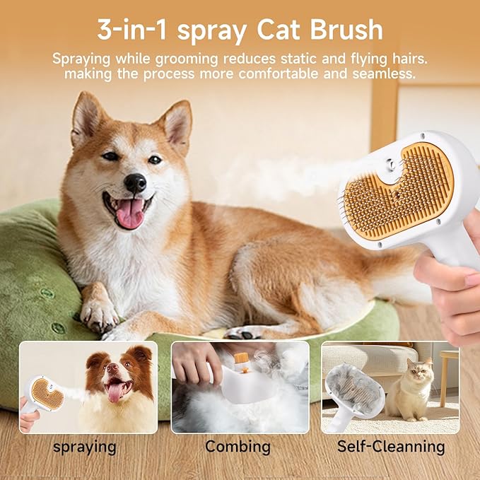 Steam Brush for Dog & Cat – 3-in-1 Pet Spray Hair Removal Comb – Pet Grooming & Shedding Steam – Includes Waterless Shampoo – Water Brush for Long & Short Haired Pets – Defur Spritz Comb